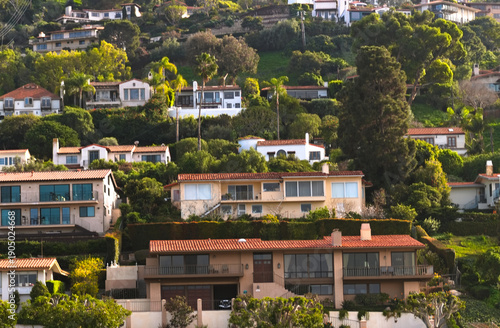 Hillside homes overlook Torrance Beach, California, showcasing Mediterranean architecture, dense greenery, and sunlit coastal living.