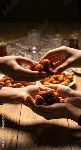 Two sets of hands (no faces) exchanging traditional date fruits at a communal table, soft warm lighting.