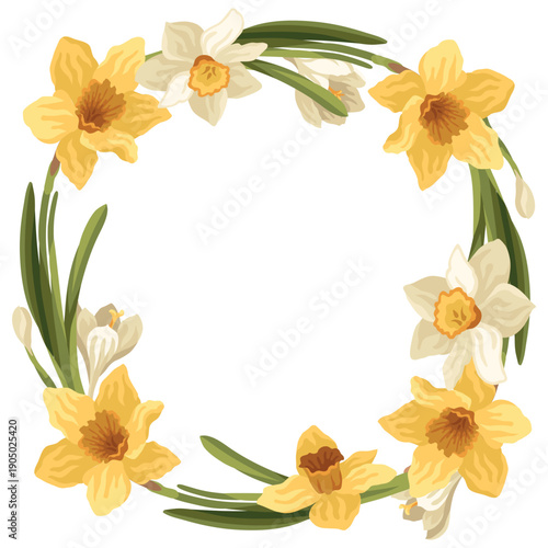 Hand-drawn floral wreath made of first spring flowers, daffodil and crocus botanical decorative template