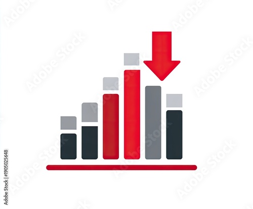Downward trending bar graph, red arrow. Declining statistics, losing data