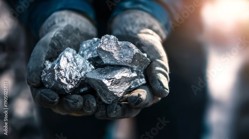 Worker holds shiny silver ore in hands during mining activity in a quarry site at daytime under bright sunlight