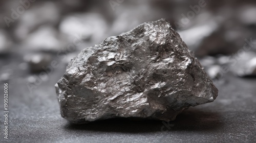 Silver ore chunk sits on a surface highlighting its sharp focus and abstract details while surrounded by blurred metallic fragments in the background