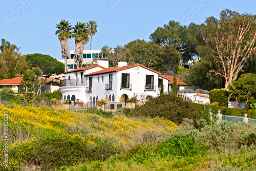 Fotografija Mediterranean style hillside home above Torrance Beach, California, surrounded by greenery, palm trees, and bright coastal sunlight