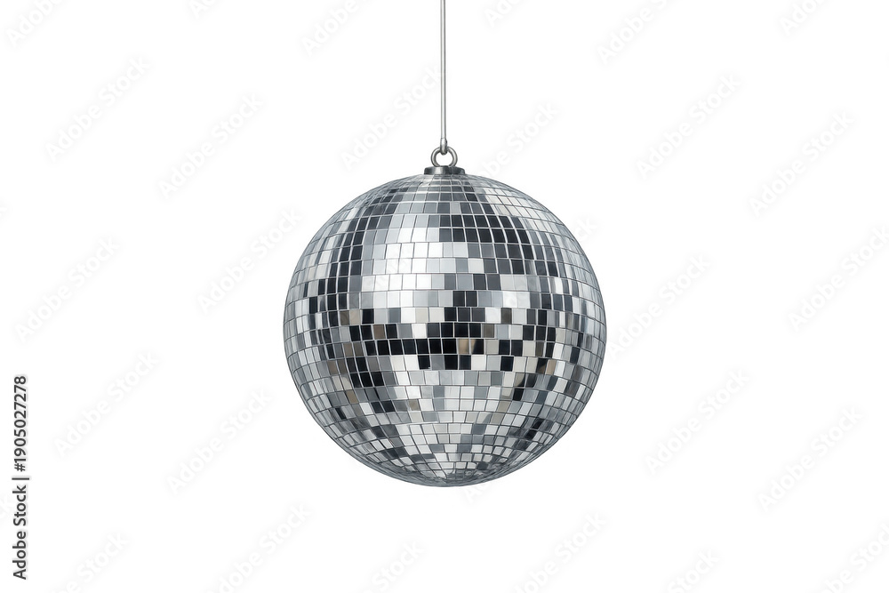 Fototapeta premium Disco ball hanging, reflecting light, featuring hundreds of small mirrored tiles. Background is transparent