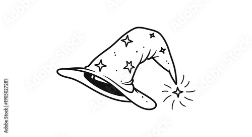 Minimalist crooked wizard hat line art with stars magic Halloween icon vector