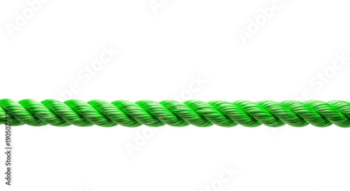 macro close-up of a single, intensely fluorescent neon green industrial-grade nylon rope, perfectly taut and textured, on a transparent backdrop. concept of reliable material strength