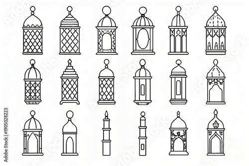 Elegant collection of hanging ramadan lanterns in black silhouette perfect for decorative islamic festive celebrations, eid mubarak and cultural designs with traditional arabic aesthetics for web ads
