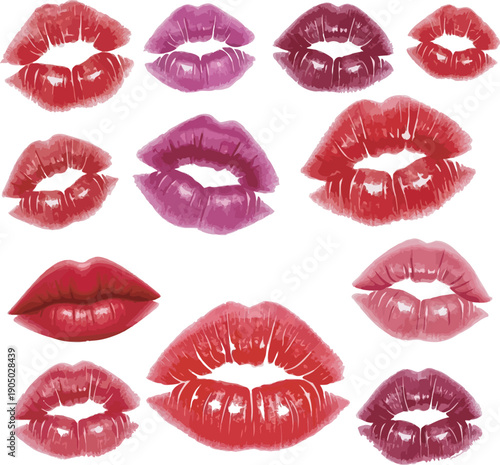 Red Pink Lipstick Kiss Marks Watercolor Illustration Isolated on White