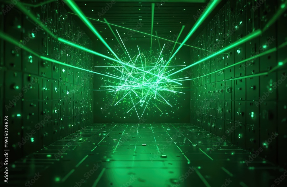 Fototapeta premium Green light beams form complex geometric shape in dark server room. Digital abstract background with glowing lines and particles. Futuristic technology concept with network grid.