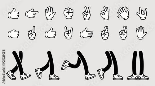 Minimalist black line art set featuring hand gestures and leg poses to illustrate expressive body language