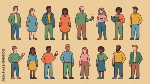 Diverse group of adults standing in a line to showcase multicultural teamwork and inclusive, casual clothing in a colorful illustration.