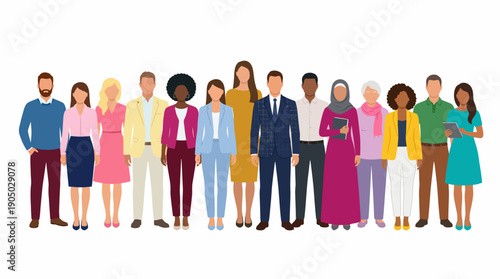 Diverse group of professionals standing together, representing teamwork, inclusivity, and a modern workplace culture.