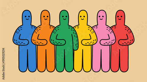 Colorful diverse group of cartoon people standing together in a friendly, unified lineup, a playful illustration symbolizing teamwork, inclusion, and collaboration.