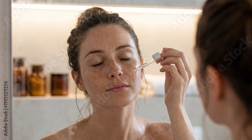 Woman Applying Skincare Serum to Face with Natural Freckles and Wet Skin