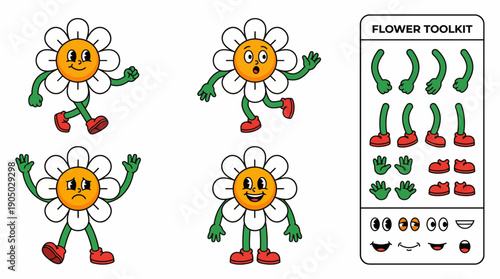 Five cheerful cartoon flowers with gardening tools and a flower toolkit illustration for kids' gardening education