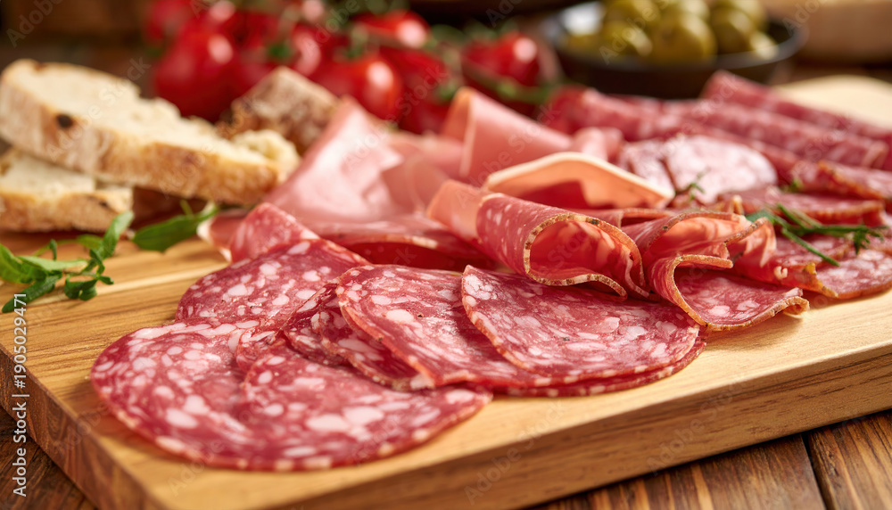 Fototapeta premium Tagliere di salumi misti italiani con salame, mortadella, pane rustico e pomodori. Generative AI