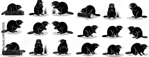Beaver Silhouette Mega Collection with Swimming, Sitting and Wood Chewing Poses Isolated on White Background