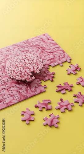 Surreal Folded Pink Floral Jigsaw Puzzle Scattered Across Bright Yellow Surface