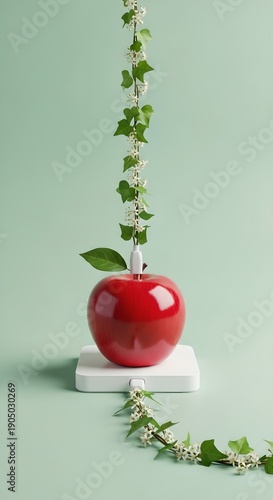 Surreal red apple with blooming vine on white pedestal in light green serenity