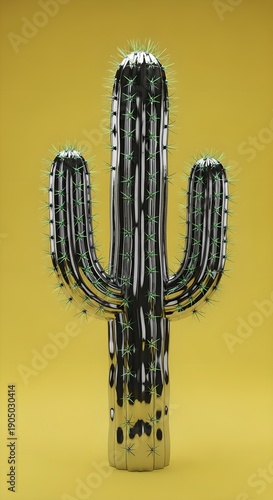 Frontal surreal view of a tri-armed black-white dripping cactus against bright yellow backdrop