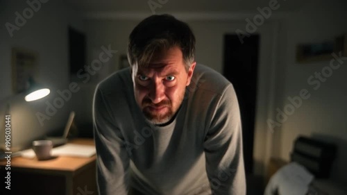 Man stressed in dark bedroom with desk lamp on at night