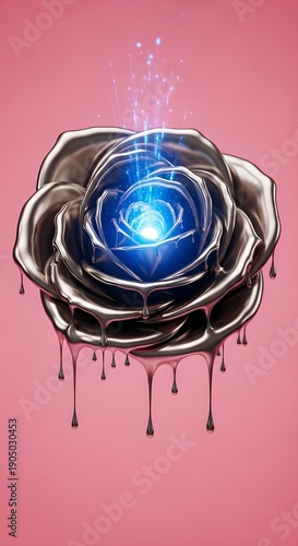 Surreal metallic rose glowing blue center with dripping liquid on pink gradient backdrop