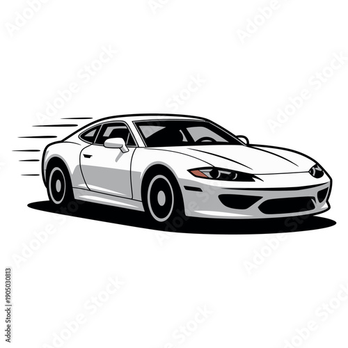 Sporty white coupe vehicle accelerates quickly with motion blur lines indicating speed and agility.