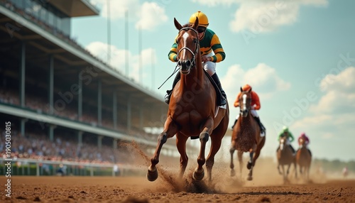 Jockeys race horses on dirt track under bright sky with spectators watching from stands. Horses run fast raising dust on the sunny day. Competition among riders.