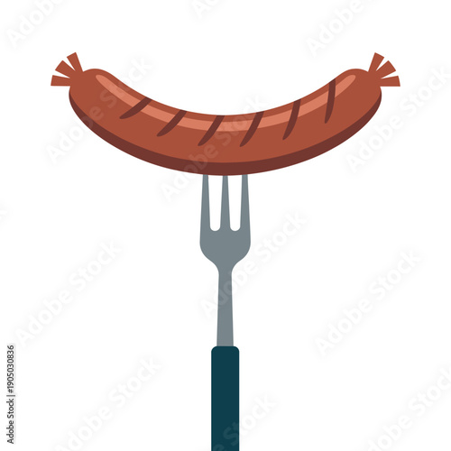 Grilled sausage impaled upon a silver dining fork symbolizes barbecue food preparation and dining.