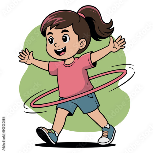Young girl happily plays with a bright pink hula hoop around her waist in the sunshine.