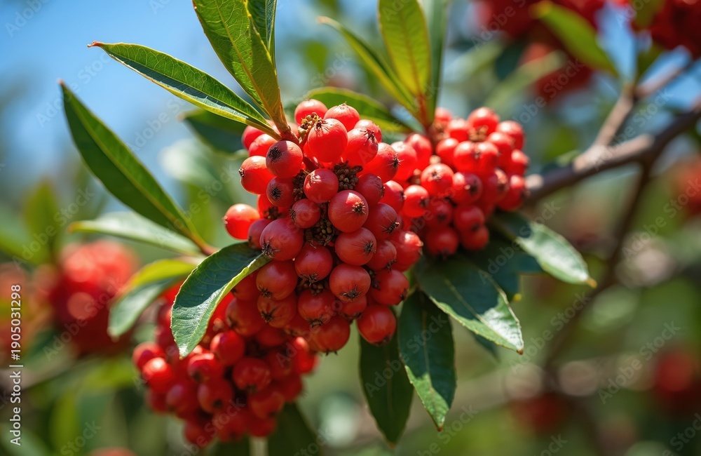 Obraz premium Clusters of bright red berries grow on a Brazilian peppertree branch with green leaves. Red fruits ripen on a plant in summer. Nature detail of wild flora with bokeh background.