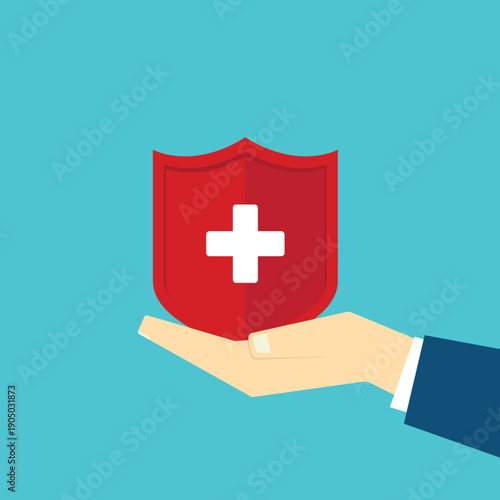 Hand holding shield with cross for the healthcare medical icon. Health insurance health concept. Access to welfare health and copy space