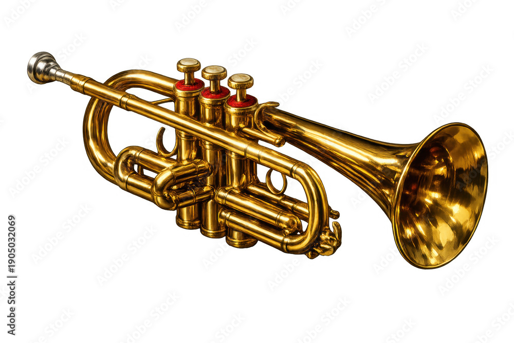 Naklejka premium Golden brass trumpet music instrument on transparent background