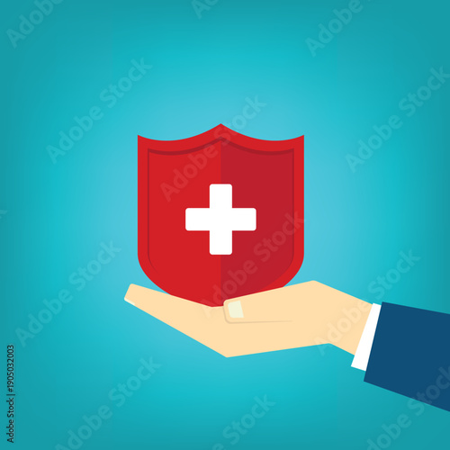 Hand holding shield with cross for the healthcare medical icon. Health insurance health concept. Access to welfare health and copy space