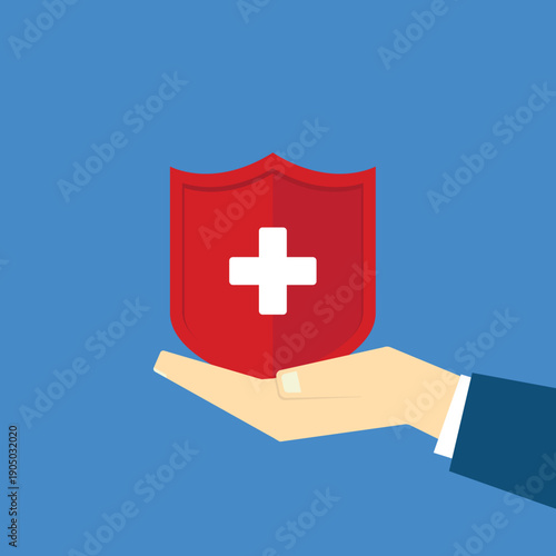 Hand holding shield with cross for the healthcare medical icon. Health insurance health concept. Access to welfare health and copy space
