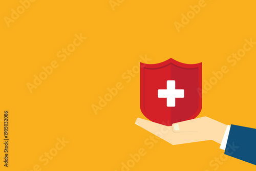 Hand holding shield with cross for the healthcare medical icon. Health insurance health concept. Access to welfare health and copy space
