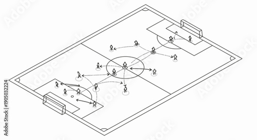 Isometric Soccer Tactics Diagram with Player Movements and Game Strategy in Line Art Style on Isolated White Background.