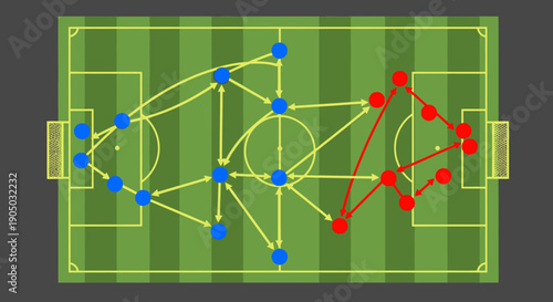 Soccer Game Strategy Diagram with Blue and Red Player Movements and Tactical Plays on a Green Football Field.