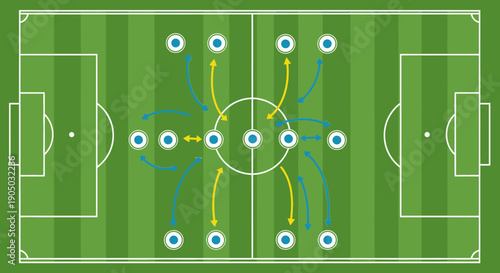 Midfield Soccer Tactics Diagram with Player Positioning and Passing Routes on a Green Football Field.