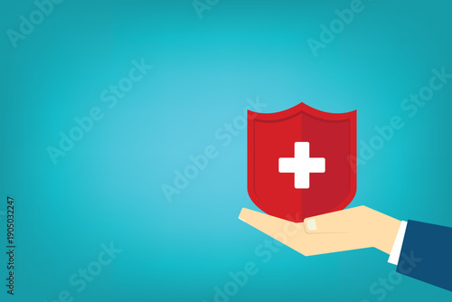 Hand holding shield with cross for the healthcare medical icon. Health insurance health concept. Access to welfare health and copy space