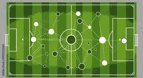 Abstract Soccer Tactics Diagram with Interconnected Player Movements and Dynamic Strategy on Green Field.