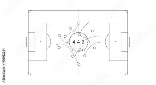Isolated White Background Hand-Drawn 4-4-2 Football Formation, Soccer Tactic Sketch