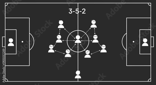 3-5-2 Football Formation Diagram on Solid Black Background, Soccer Player Strategy