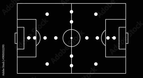 Minimalist Football Field Diagram on Solid Black Background, Soccer Pitch Layout