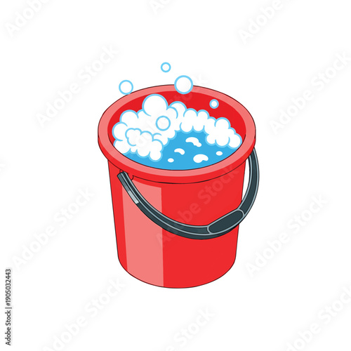 Red Bucket Filled with Soapy Water and Bubbles.