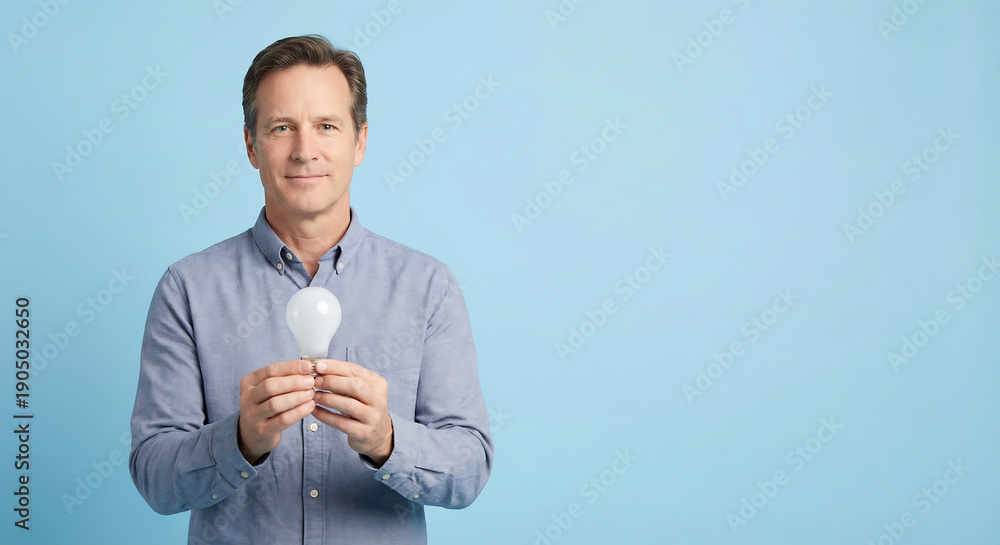 Fototapeta premium Man Holding Light Bulb, Creative Idea and Innovation Concept