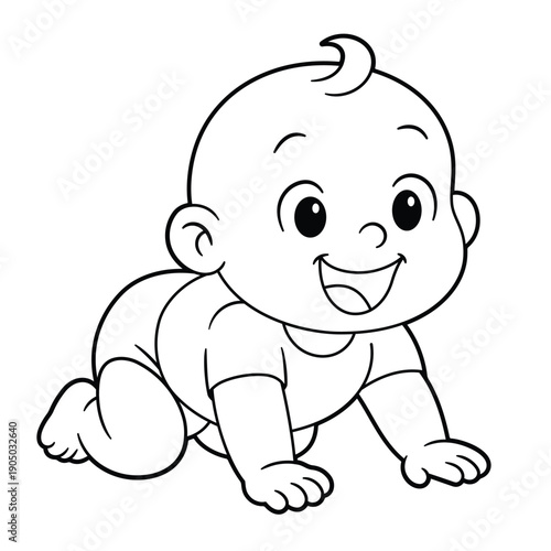 Baby coloring page crawling in a friendly cartoon style. Smiling baby illustration for kids coloring books, early learning activities, and creative play. Main object isolated from background.