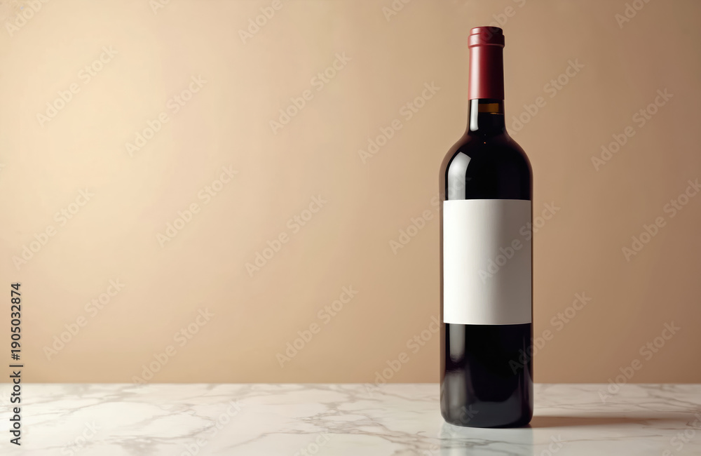 Fototapeta premium Dark wine bottle with blank white label sits on marble surface. Beige wall background provides ample copy space. Elegant product shot for branding.
