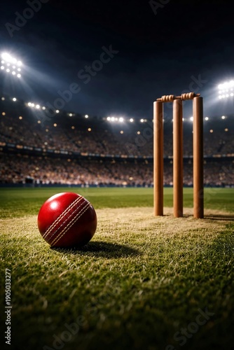 Red cricket ball and wooden stumps on green grass pitch under stadium lights at night, sports arena background