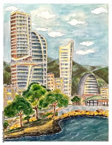 Modern seaside city with skyscrapers, watercolor illustration